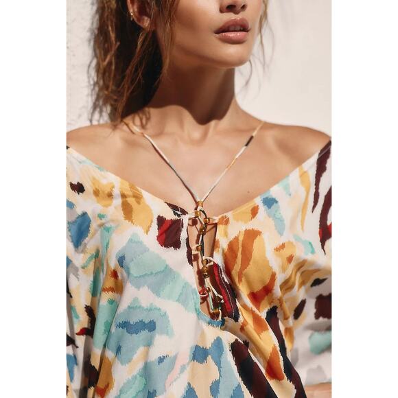 Anthropologie Printed Stappy Beaded Neck Tie Oversized Beach Mini Coverup Dress - Picture 2 of 14